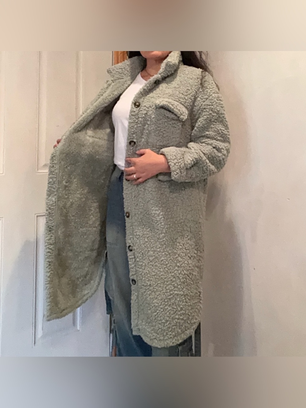 Long Sherpa Button-Front Coat in Sage Green